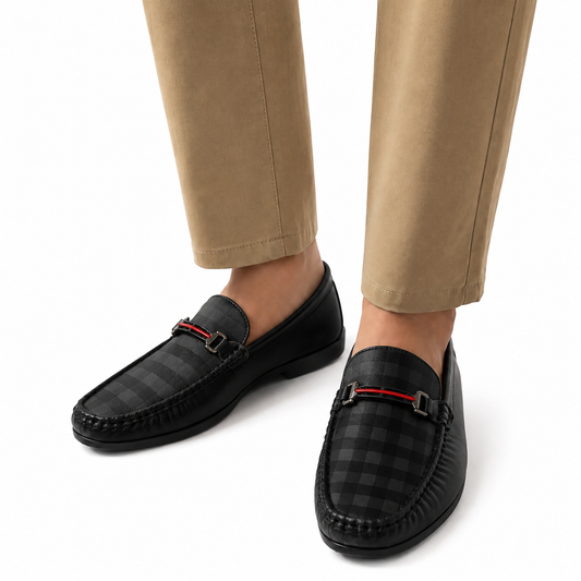 Men's Black Checkered Bit Loafers