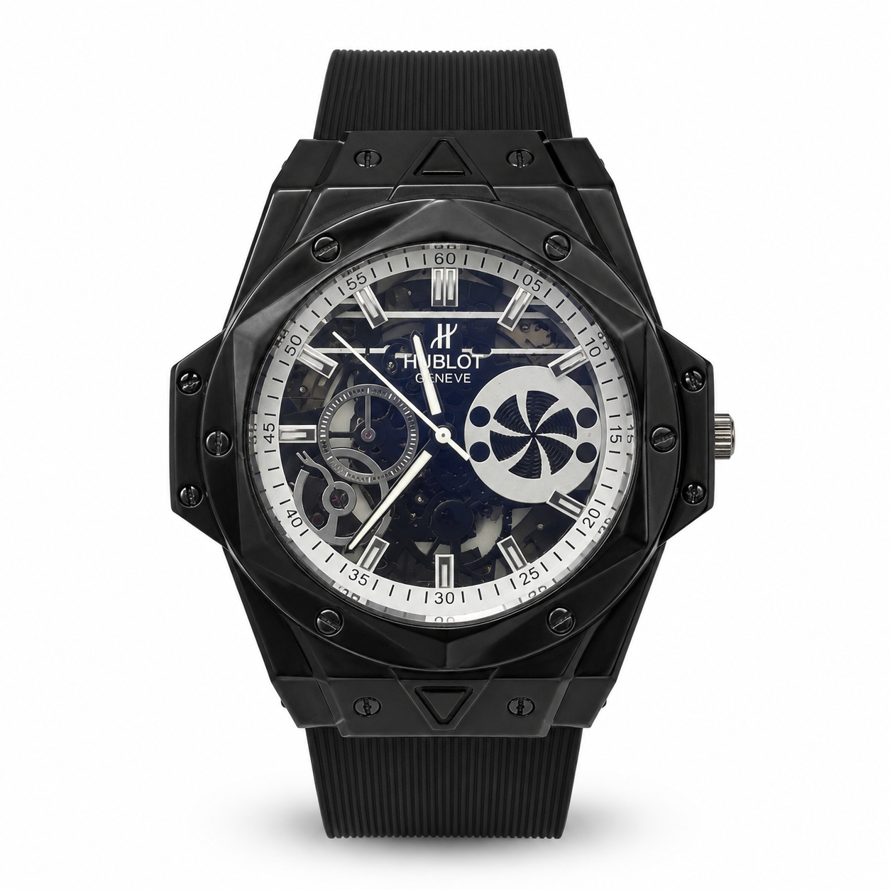 Men's Black Skeleton Watch - Rubber Strap