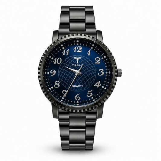 TESLA Men's Black Steel Watch - Navy Blue Dial