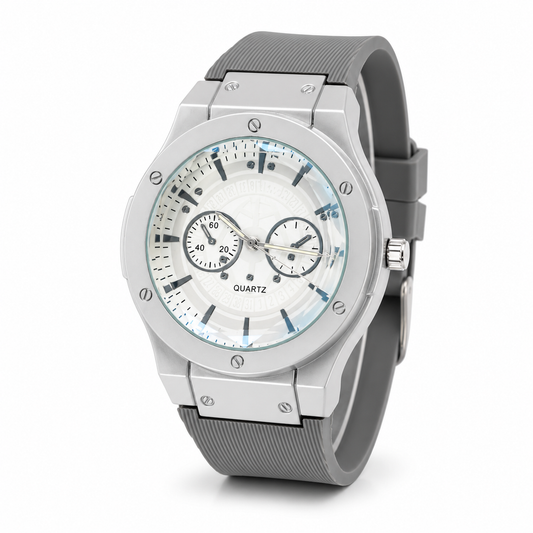 Men's Luxury Sports Watch - Silver Case with Grey Silicone Strap