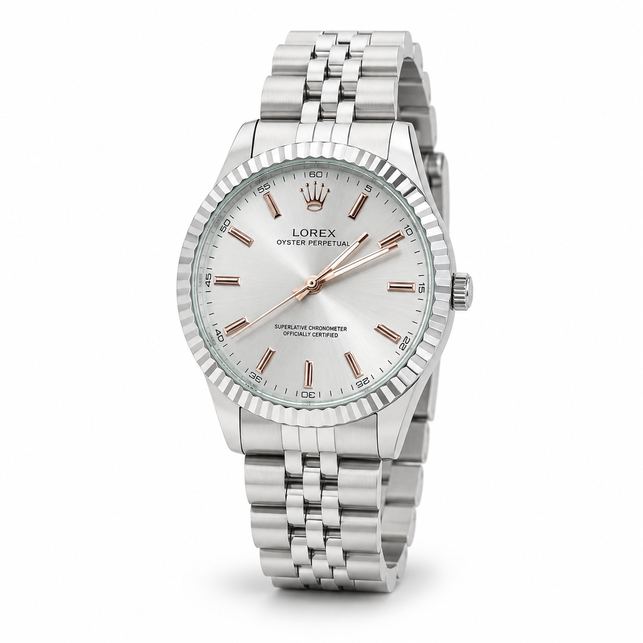 ROLEX Men's Silver Watch - White Dial with Rose Gold Accents