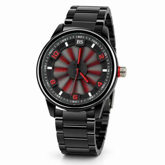 BS Men's Sports Watch - Black Steel with Red Dial