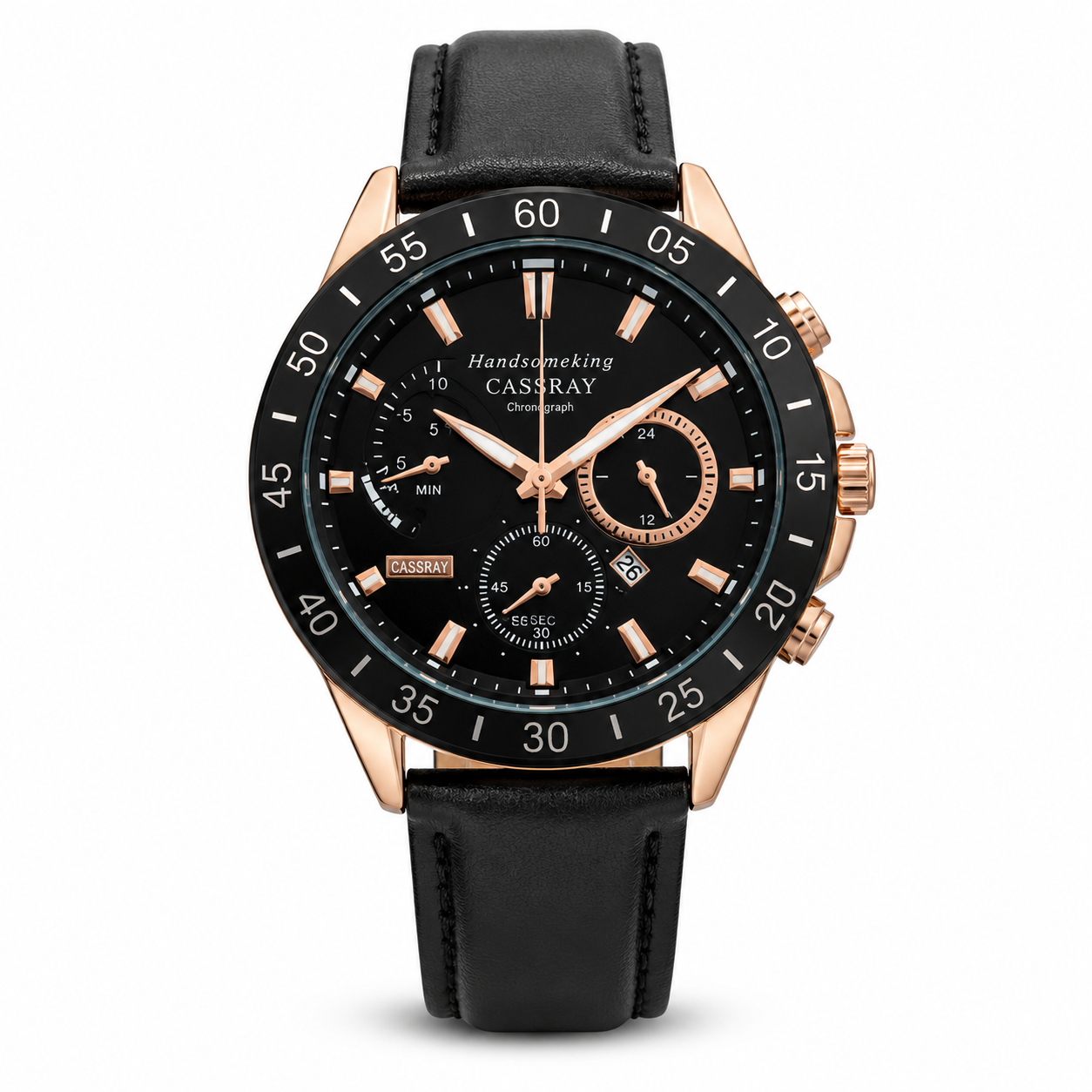 CASSRAY Men's Rose Gold Chronograph Watch - Black Leather Strap