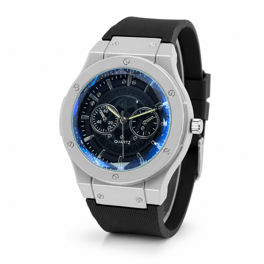 Men's Luxury Sports Watch - Silver Black with Black Silicone Strap