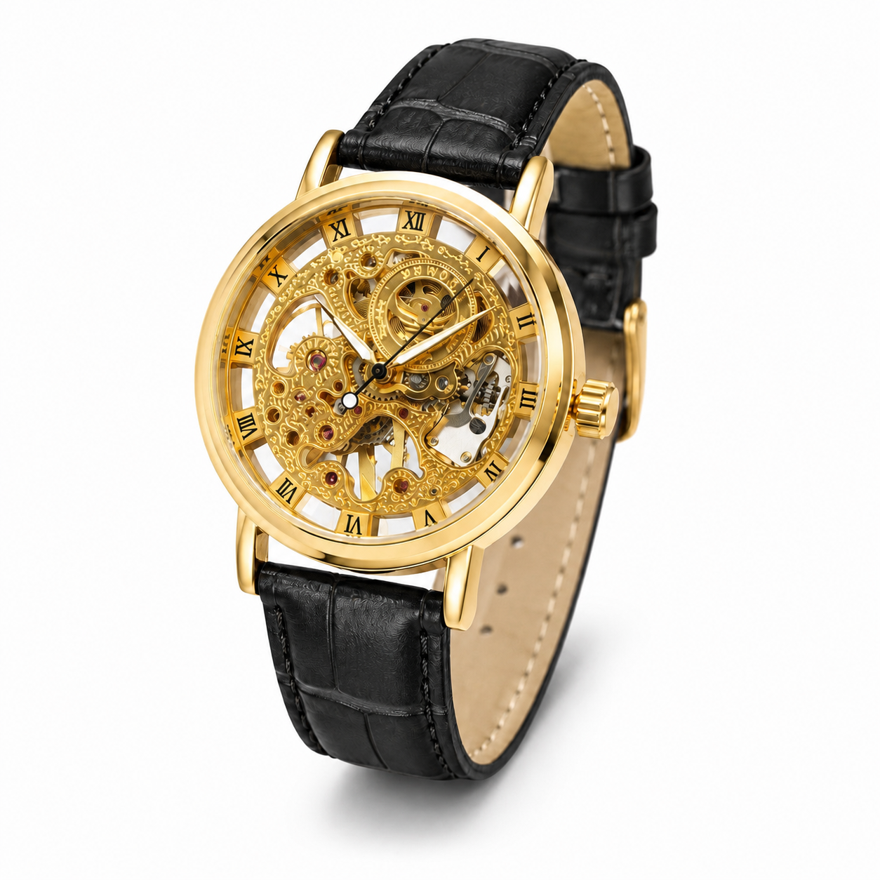 Men's Gold Skeleton Automatic Leather Watch