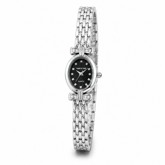 Women's Silver Black Oval Crystal Bow Watch