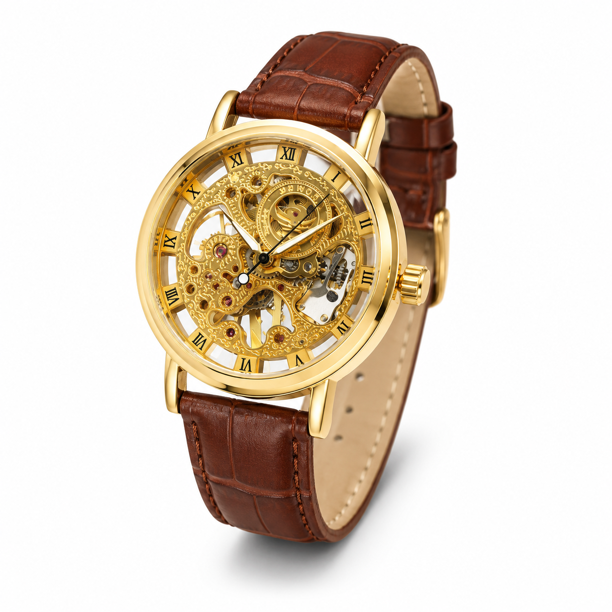 Men's Gold Skeleton Leather Watch with Roman Dial