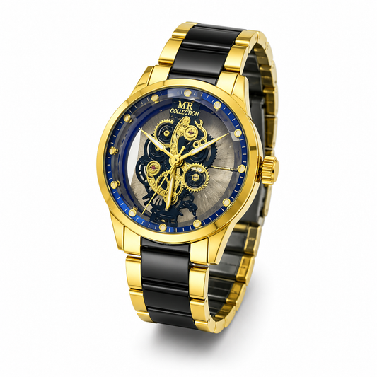 Men's Gold Black Skeleton Gear Luxury Watch