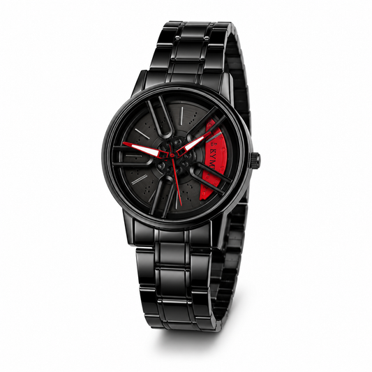 Men's Black Sports Car Rim Watch with Red Caliper