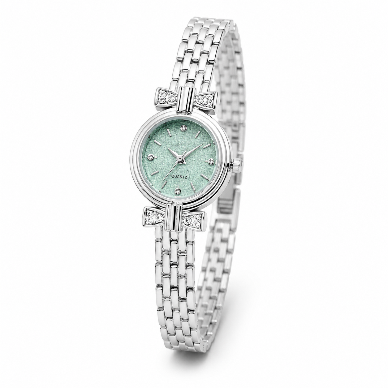 Women's Silver Mint Green Bow Crystal Watch