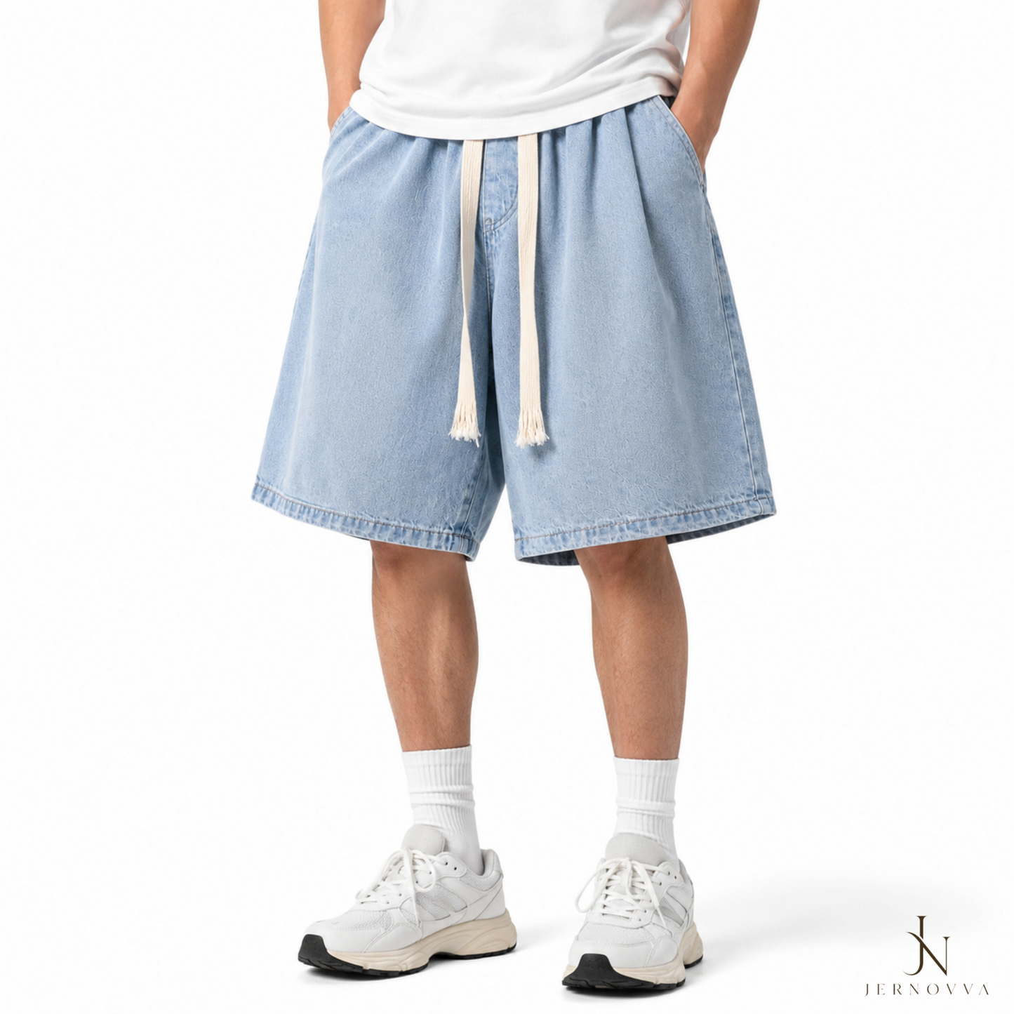 Premium Unisex Light Blue Denim Shorts – Oversized Baggy Drawstring Summer Casual Jean Shorts