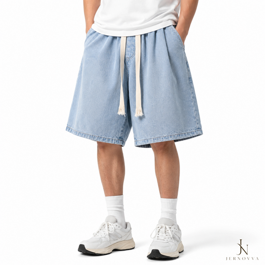 Premium Unisex Light Blue Denim Shorts – Oversized Baggy Drawstring Summer Casual Jean Shorts