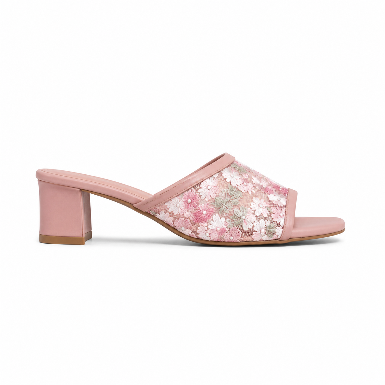 Women's Pink Floral Block Heel Mules