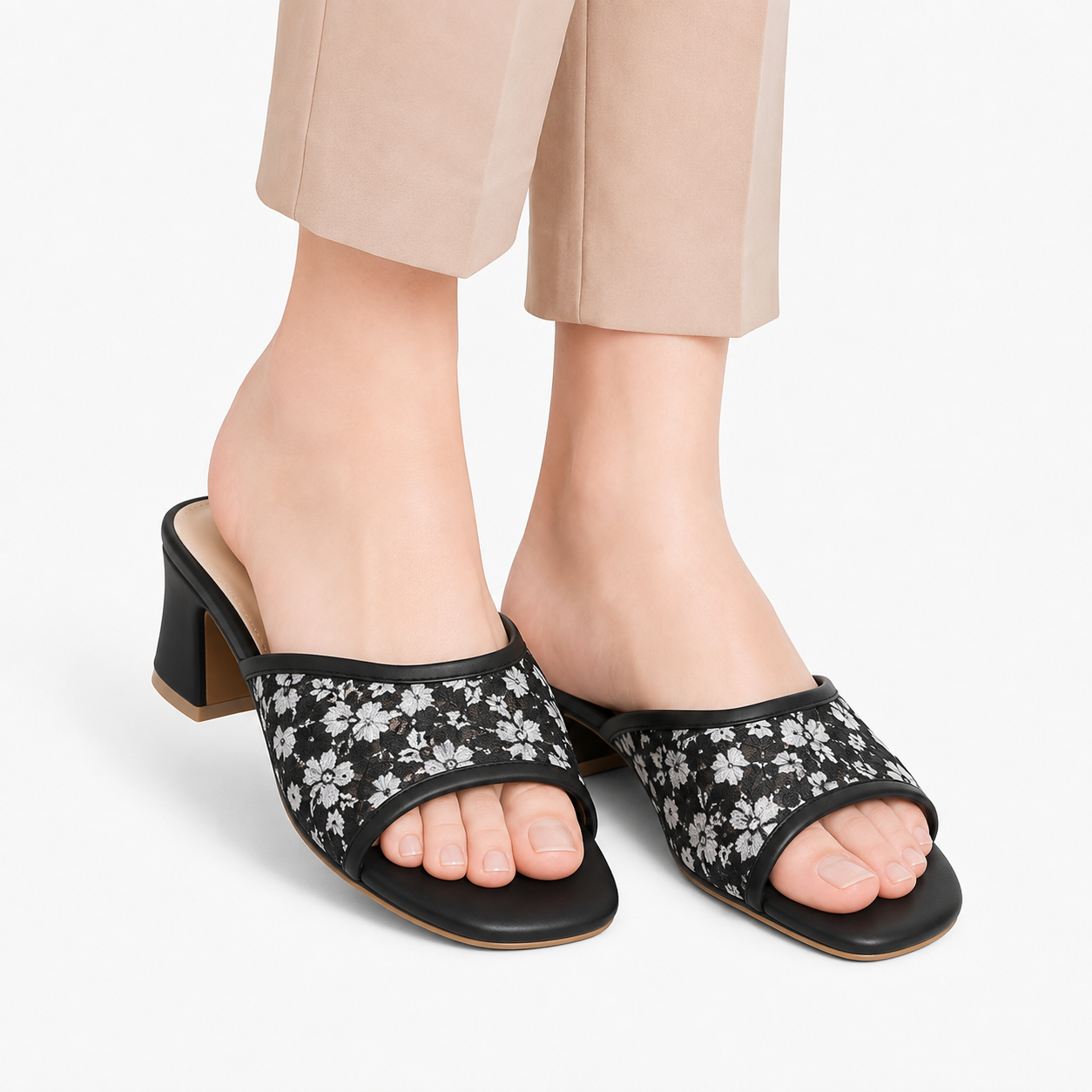 Women's Black Floral Block Heel Mules