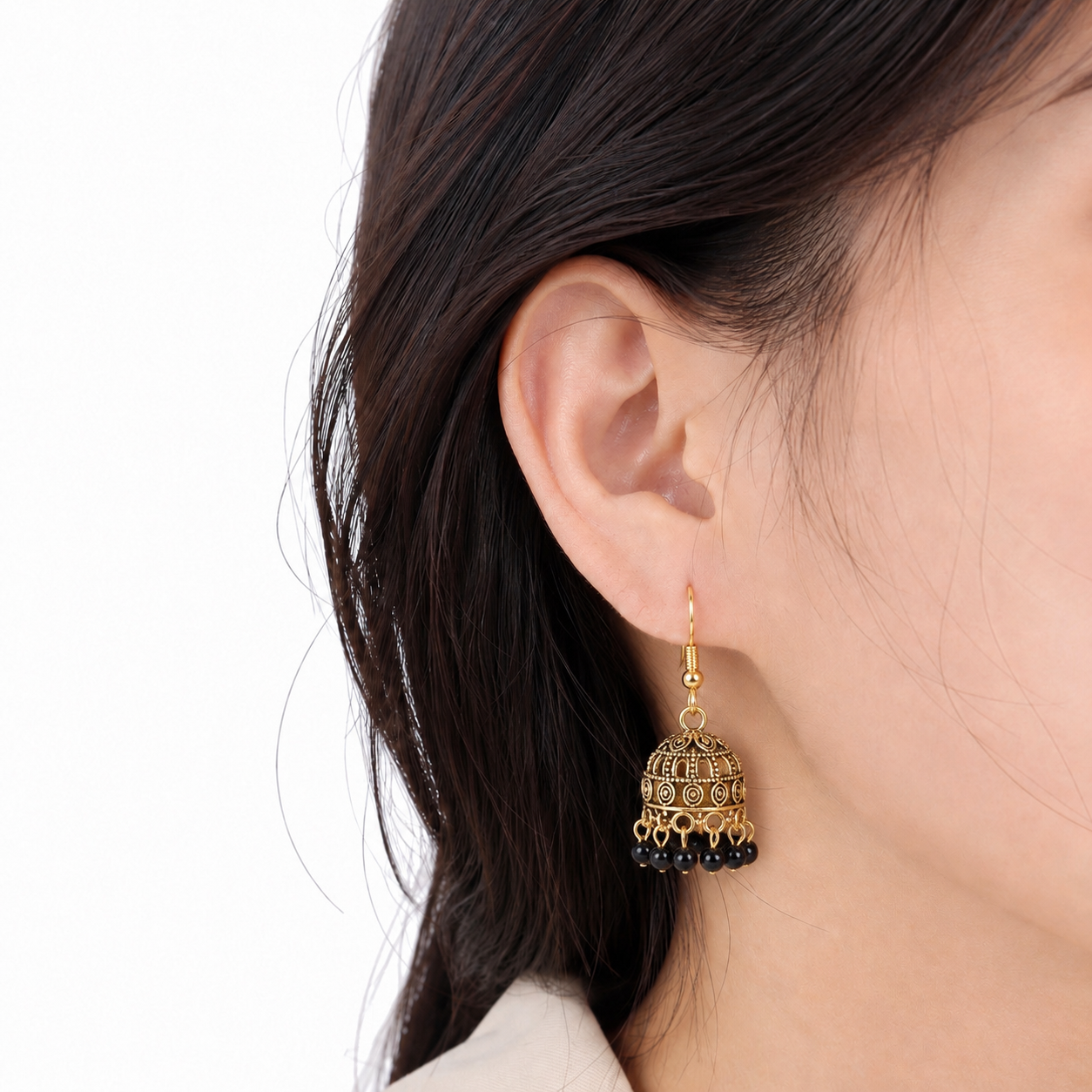 Women's Golden Black Bead Jhumka Earrings