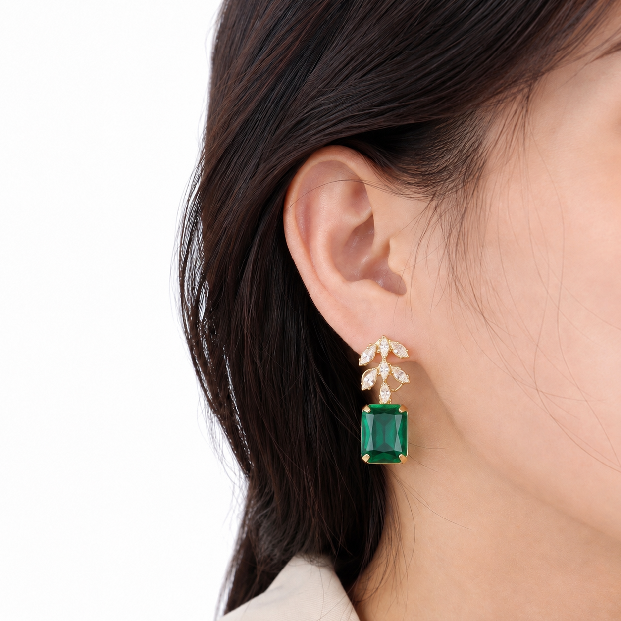 Women's Golden Emerald Leaf Drop Earrings