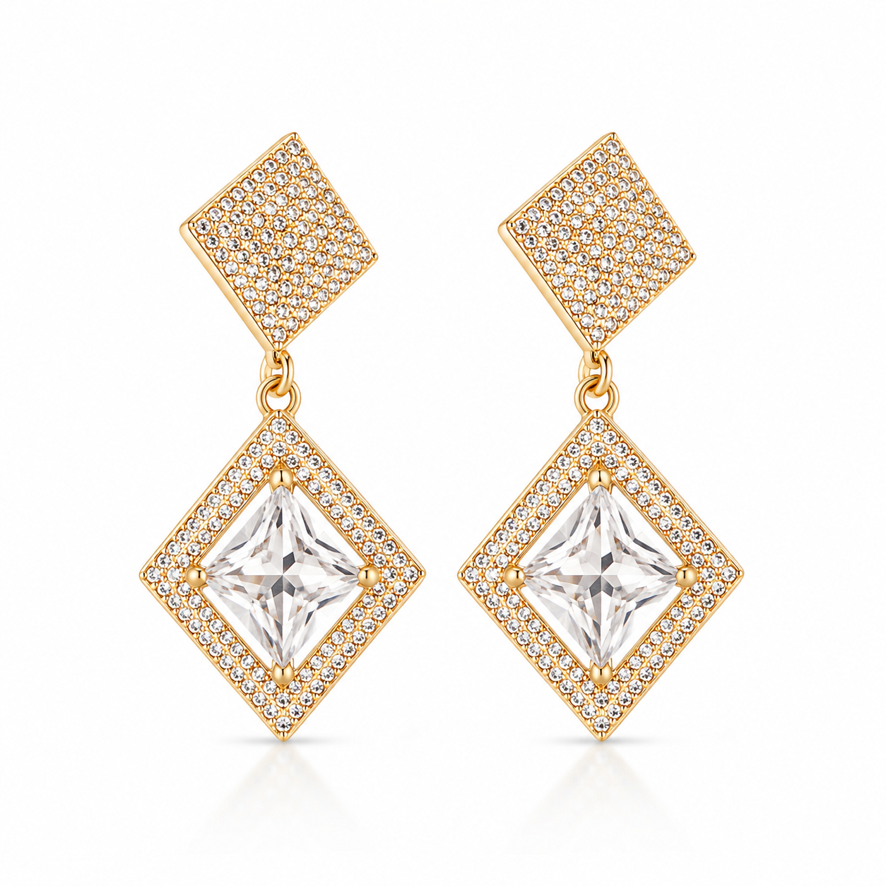 Women's Golden Crystal Double Square Drop Earrings