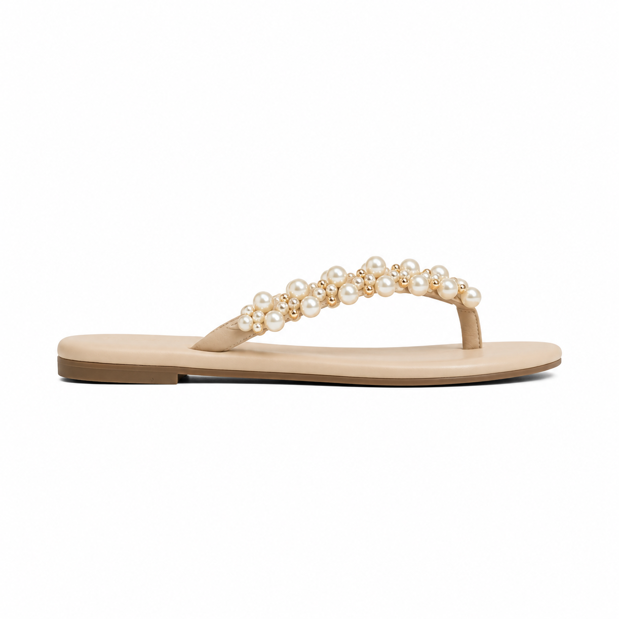 Women's Beige Pearl Embellished Flat Sandals