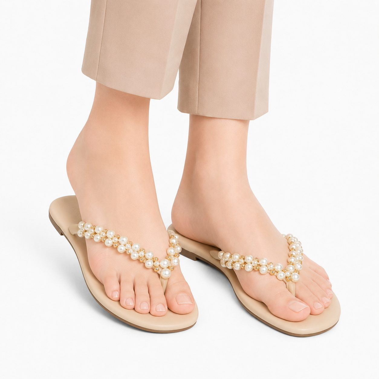 Women's Beige Pearl Embellished Flat Sandals