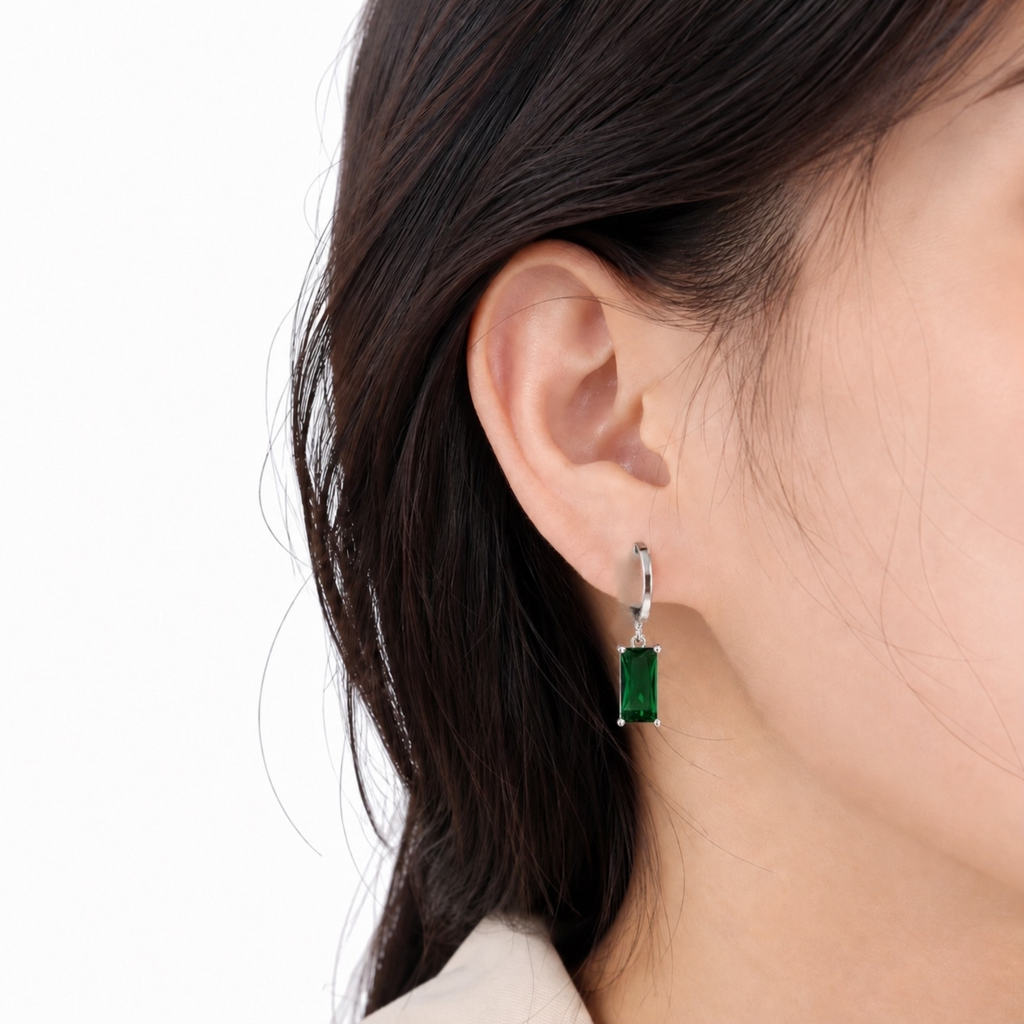 Women's Silver Emerald Green Hoop Drop Earrings