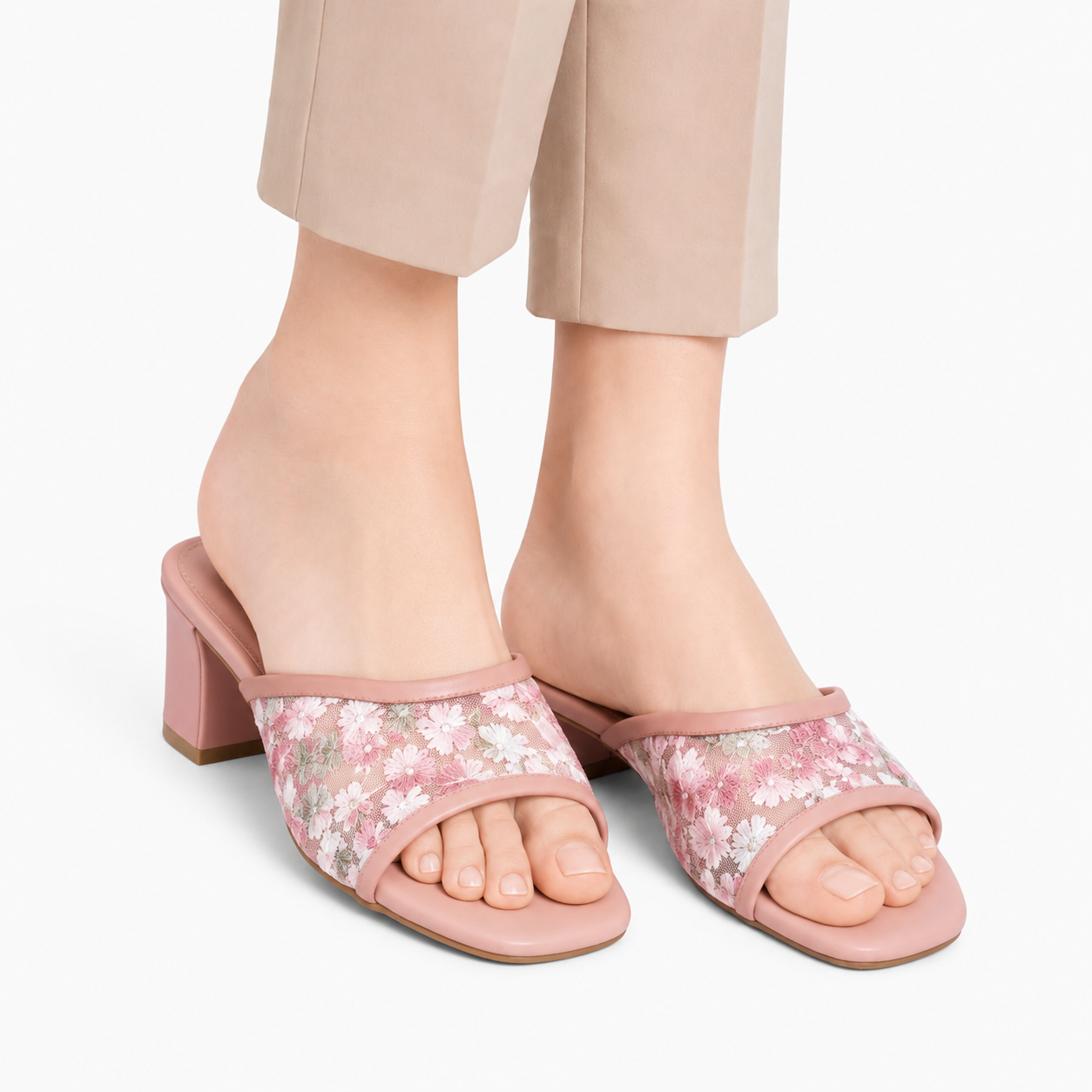 Women's Pink Floral Block Heel Mules