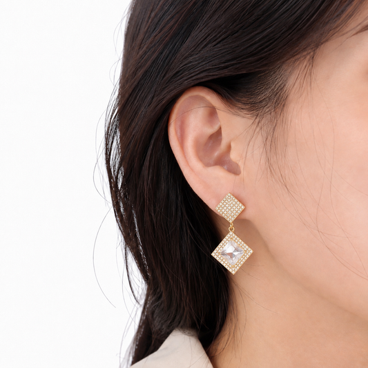 Women's Golden Crystal Double Square Drop Earrings