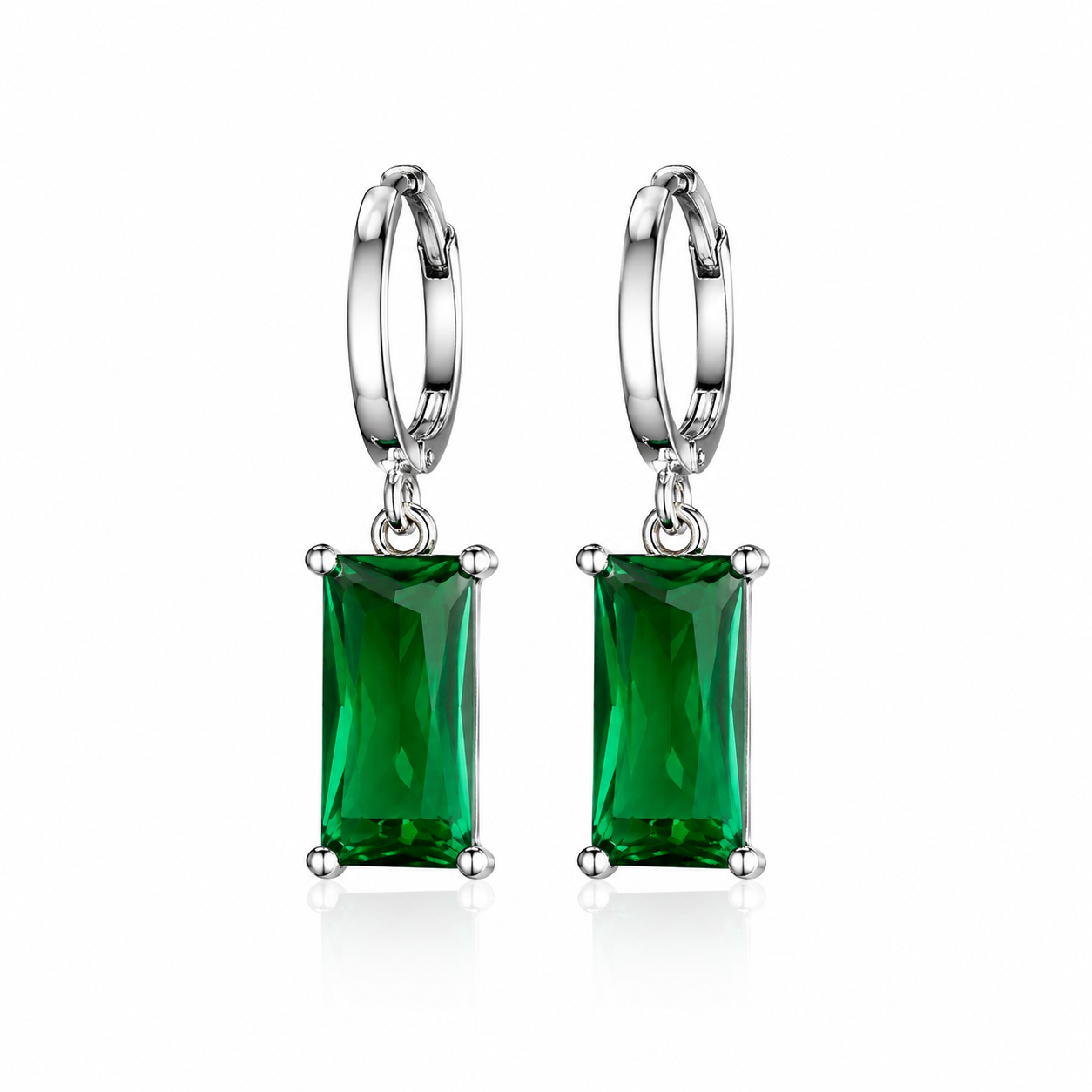 Women's Silver Emerald Green Hoop Drop Earrings