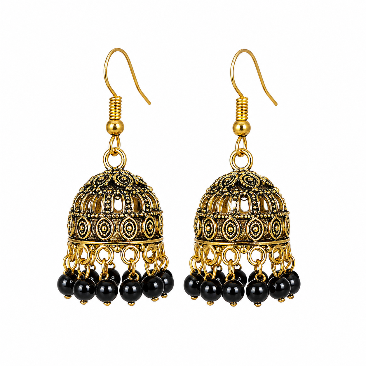 Women's Golden Black Bead Jhumka Earrings