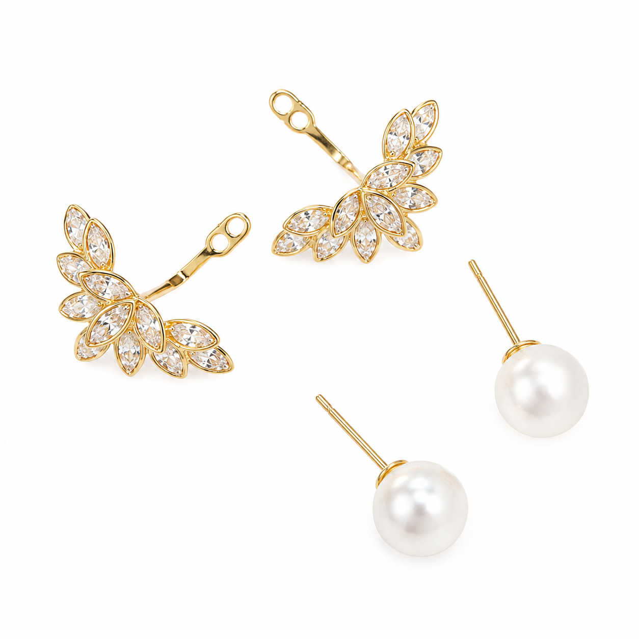 Elegant Pearl & Zircon Ear Jacket Earrings - Gold Plated