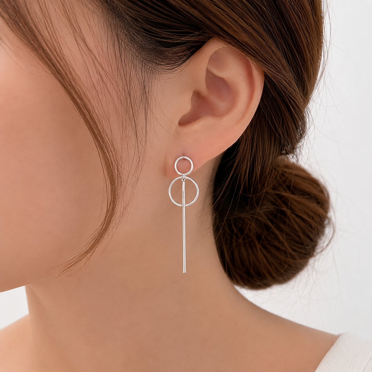 Women's Silver Minimal Double Circle Drop Earrings