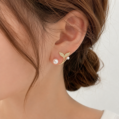 Women's Golden Leaf Pearl Stud Earrings
