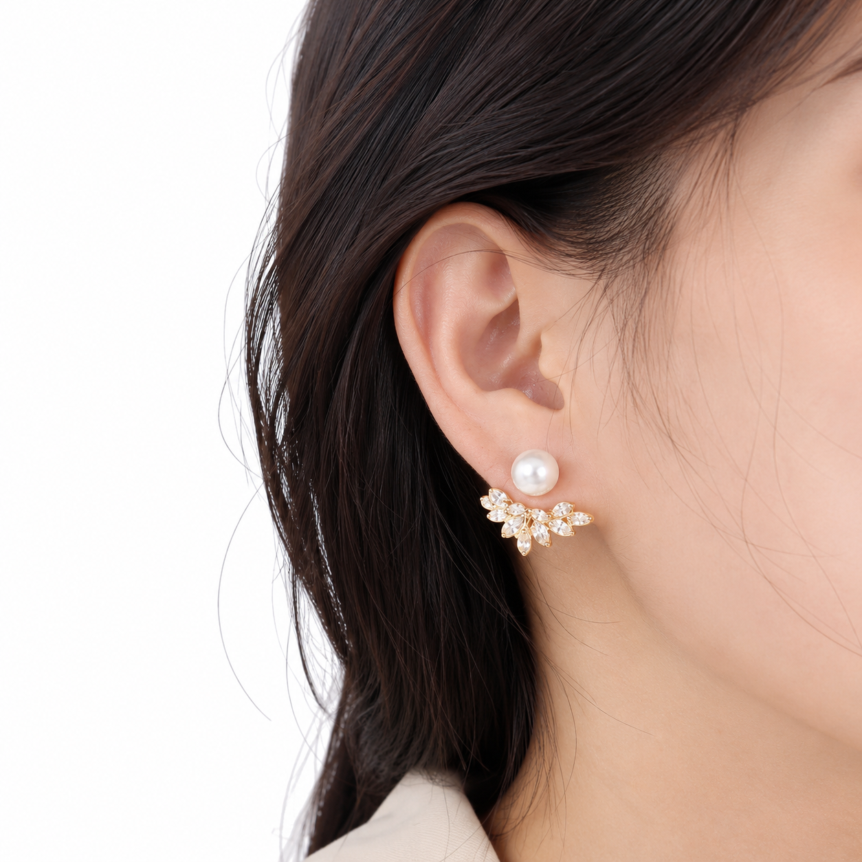 Elegant Pearl & Zircon Ear Jacket Earrings - Gold Plated