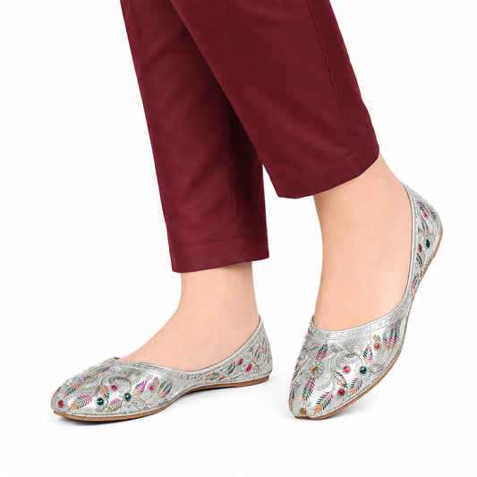 Women's Silver Multicolor Embroidered Khussa