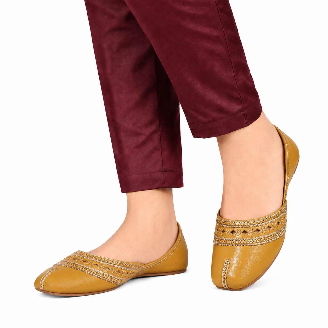 Women's Mustard Golden Laser Cut Khussa