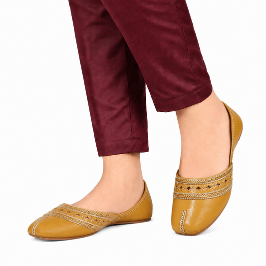 Women's Mustard Golden Laser Cut Khussa