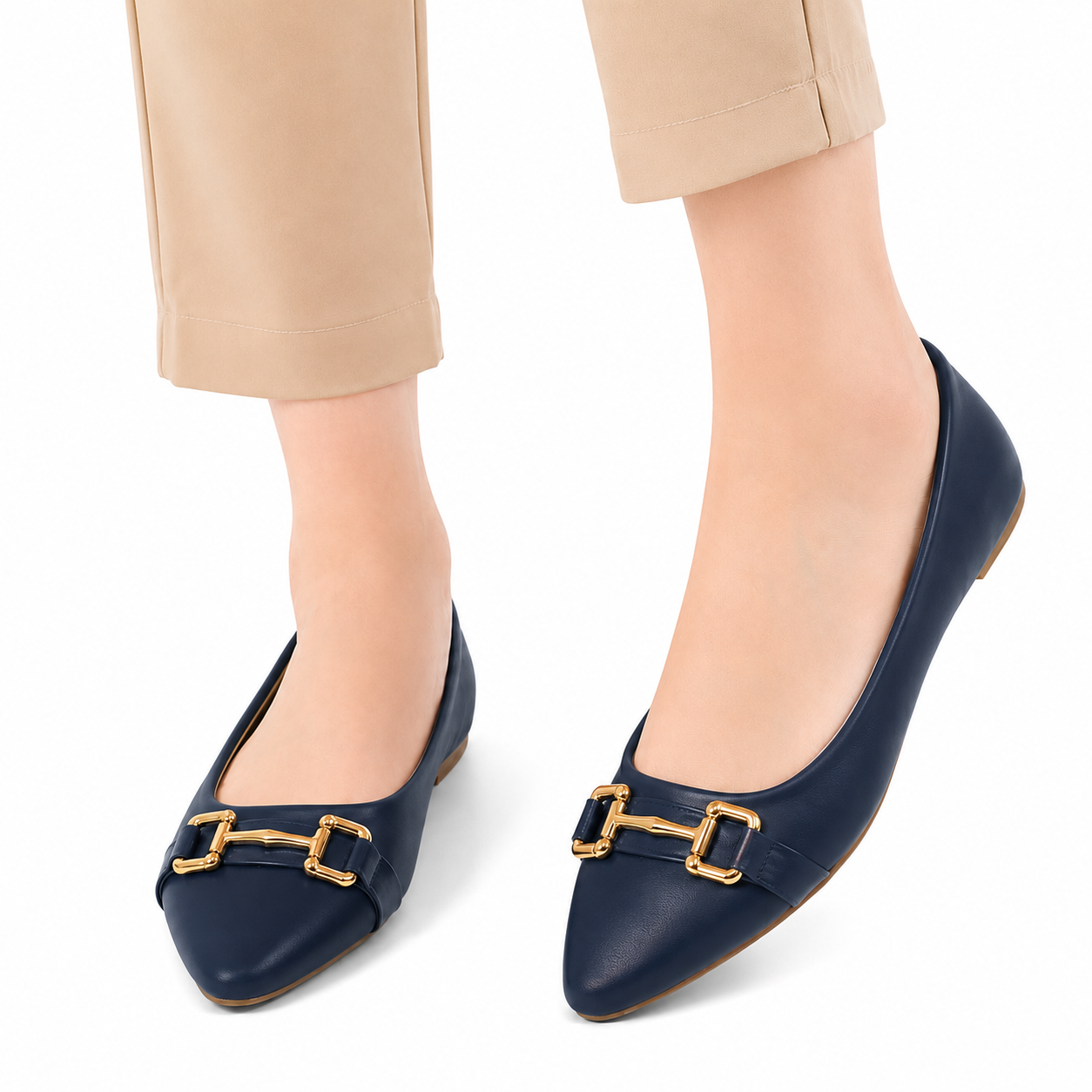 Women's Navy Gold Buckle Flats