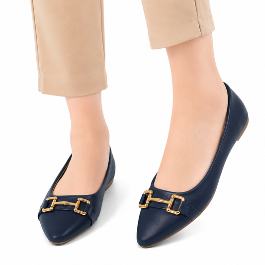 Women's Navy Gold Buckle Flats