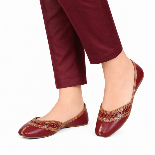 Women's Maroon Golden Embroidered Khussa