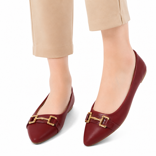 Women's Maroon Gold Buckle Flats