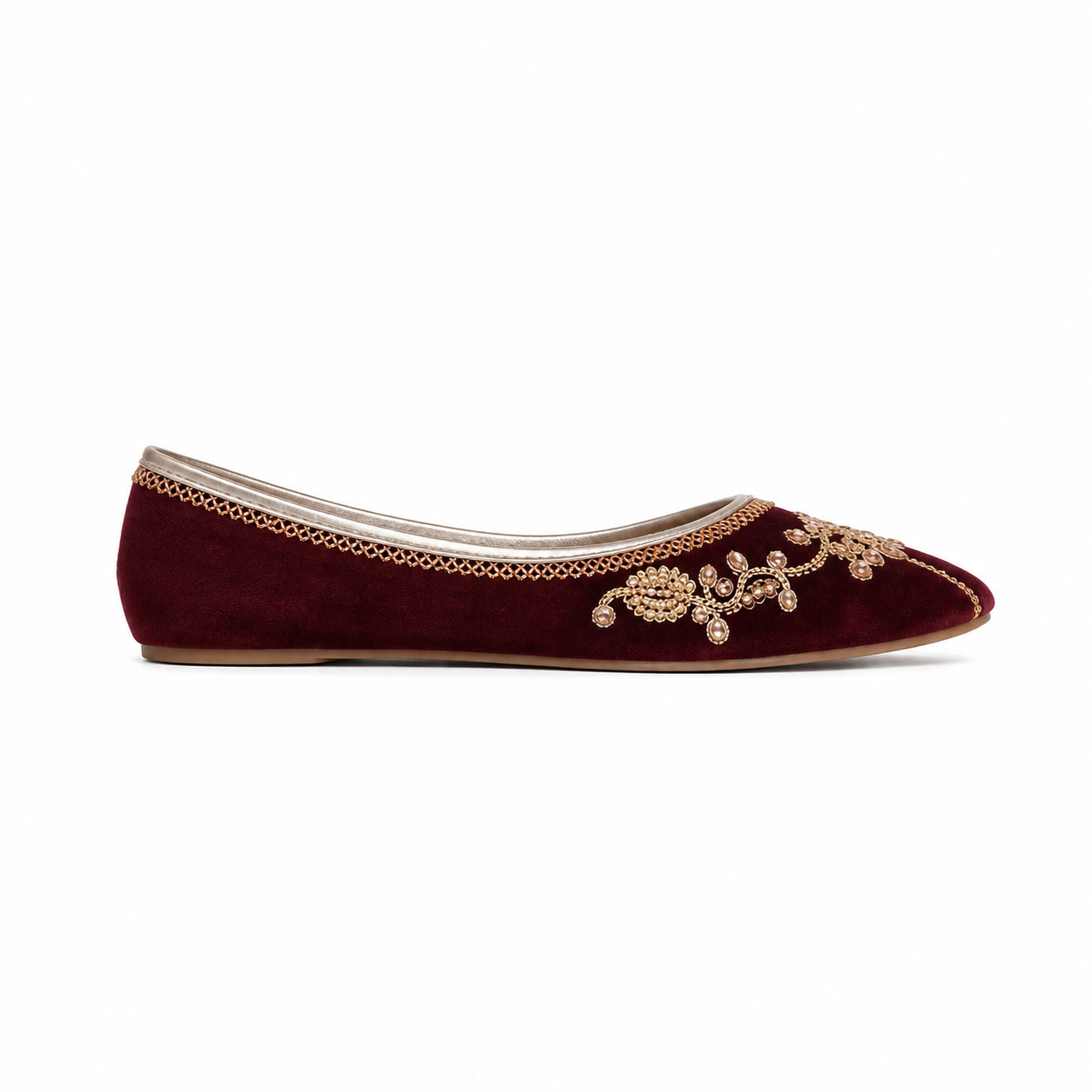 Women's Maroon Velvet Golden Khussa