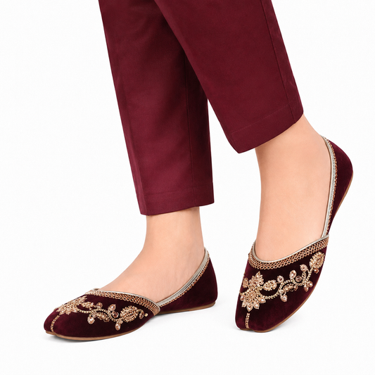 Women's Maroon Velvet Golden Khussa