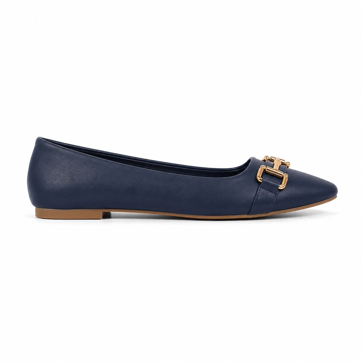 Women's Navy Gold Buckle Flats