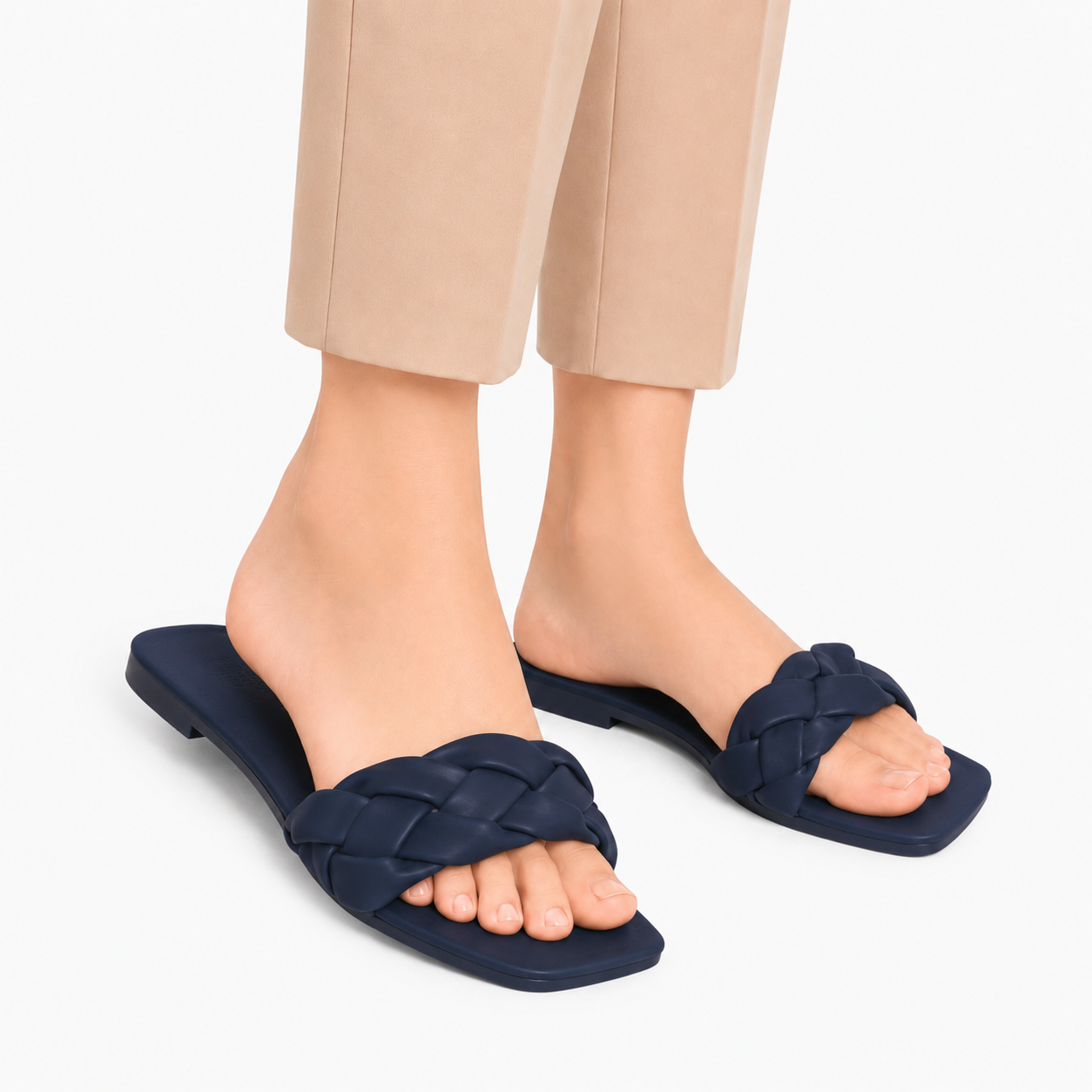 Women's Navy Braided Flat Slides