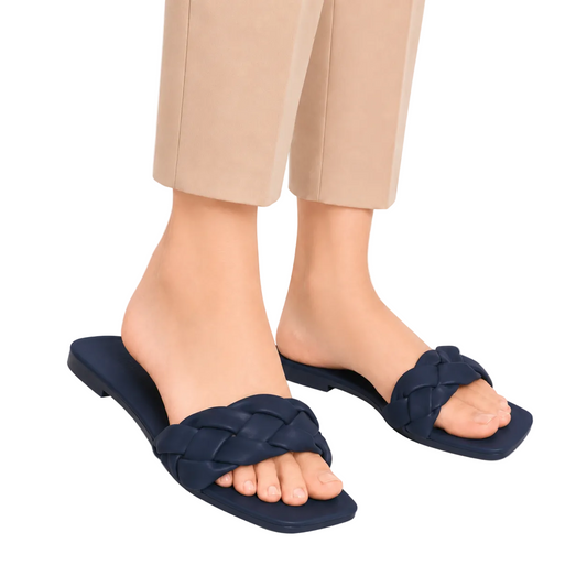 Women's Navy Braided Flat Slides