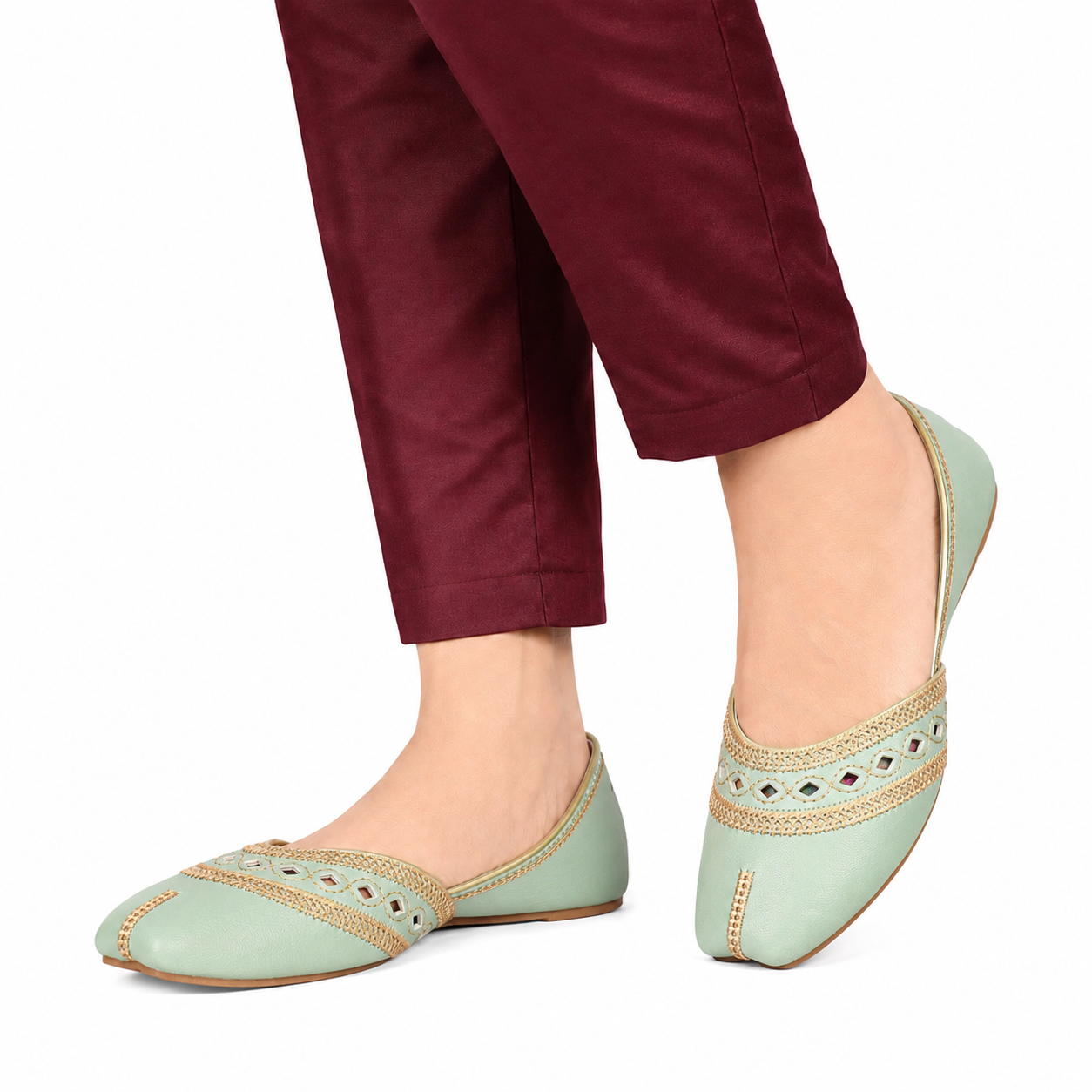 Women's Mint Green Mirror Work Khussa