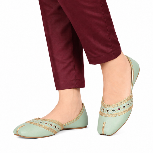 Women's Mint Green Mirror Work Khussa