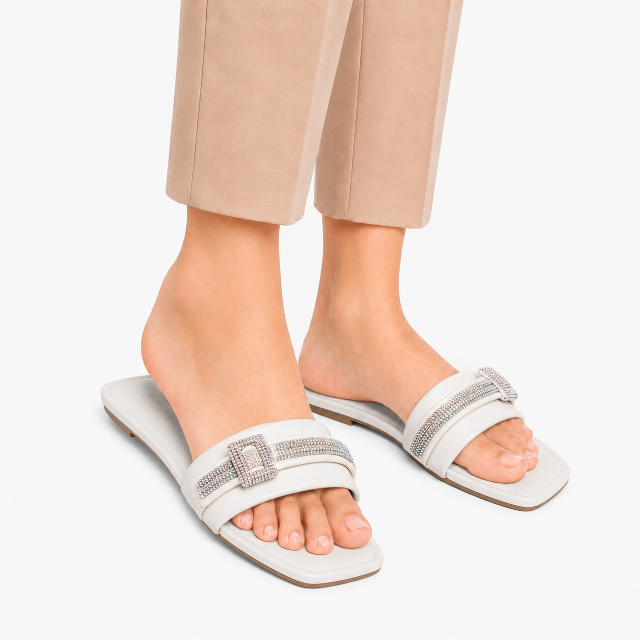 Women's White Stone Buckle Slides