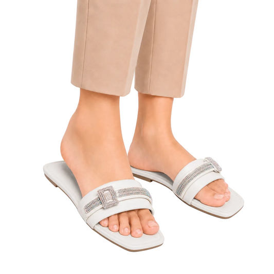 Women's White Stone Buckle Slides