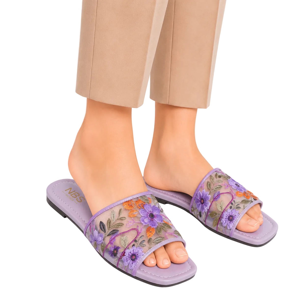 Women's Lavender Floral Mesh Embroidered Flat Slides
