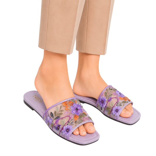 Women's Lavender Floral Mesh Embroidered Flat Slides